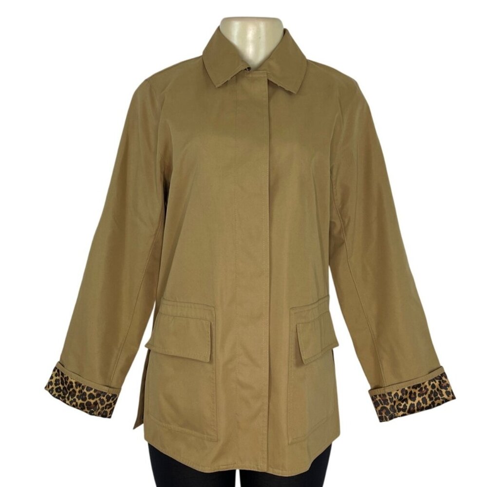 Dennis Basso Womens Tan Jacket With Leopard Print Lining Snap Button Sz XS
